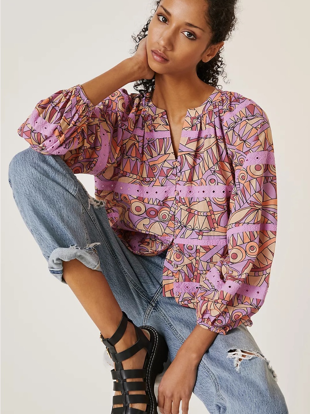 Anthropologie Let Me Be Lace Blouse Womens S Purple Orange Geometric
